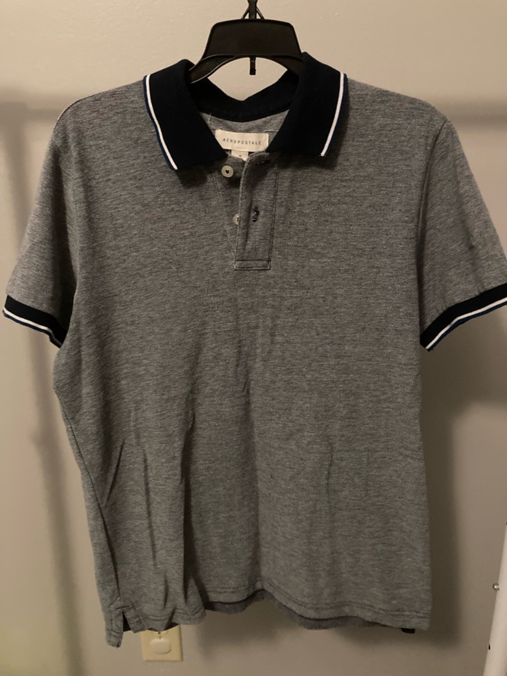 Aeropostale Men's Medium Grey/Blue Polo Shirt with Navy Trim